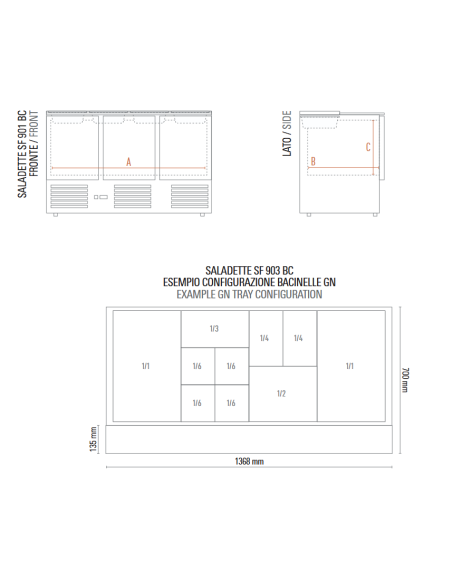 Saladette refrigerata 3 porte per bacinelle Gastronorm - Temperatura +2 +8 °C - cm 136.5 x 70 x 87 h