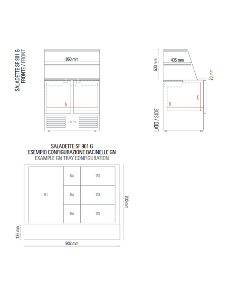 Saladette refrigerata 2 porte per bacinelle Gastronorm e sovrastruttura in vetro - Temperatura +2 +8 °C - cm 90 x 70 x 134 h