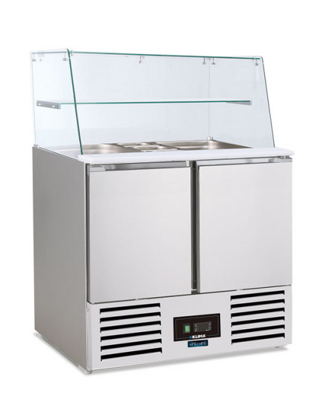 Saladette refrigerata 2 porte per bacinelle Gastronorm e sovrastruttura in vetro - Temperatura +2 +8 °C - cm 90 x 70 x 134 h