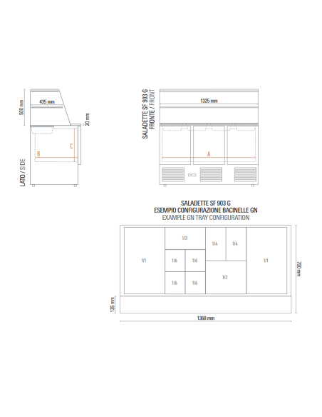 Refrigerated 3-door saladette for Gastronorm trays and glass superstructure - Temperature +2 +8 °C - cm 136.5 x 70 x 134 h