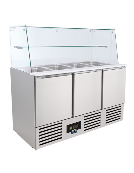 Saladette refrigerata 3 porte per bacinelle Gastronorm e sovrastruttura in vetro - Temperatura +2 +8 °C - cm 136.5 x 70 x 134 h