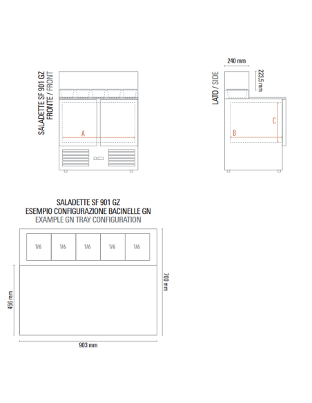 Saladette 2 porte con vetrina refrigerata per bacinelle gastronorm - Temperatura +2 +8 °C - cm 90 x 70 x 118 h