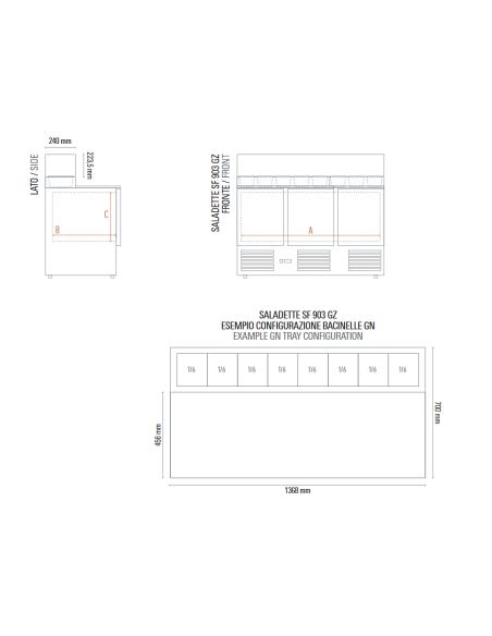 Saladette 3 doors with Refrigerated display case for gastronorm trays - Temperature +2 +8 °C - cm 136.5 x 70 x 118 h