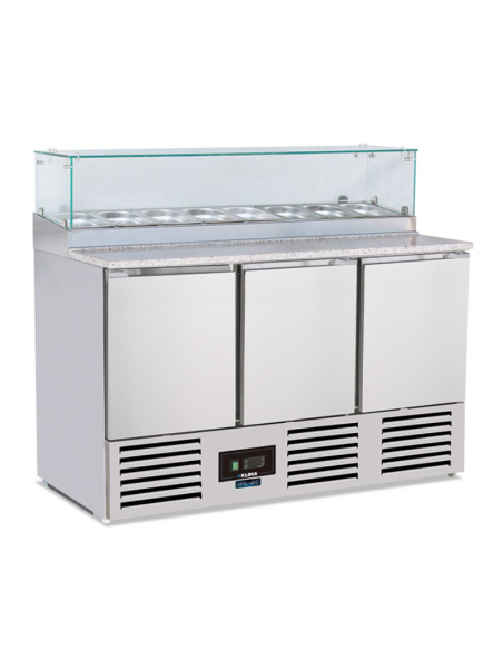 Saladette 3 porte con Vetrina refrigerata per bacinelle gastronorm - Temperatura +2 +8 °C - cm 136.5 x 70 x 118 h