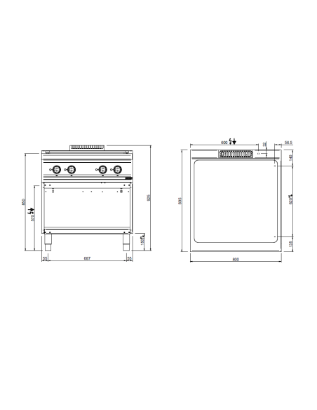 All-plate professional gas stove - Power Kw 4 x 3.5 - Cm 80 x 90 x 85 h