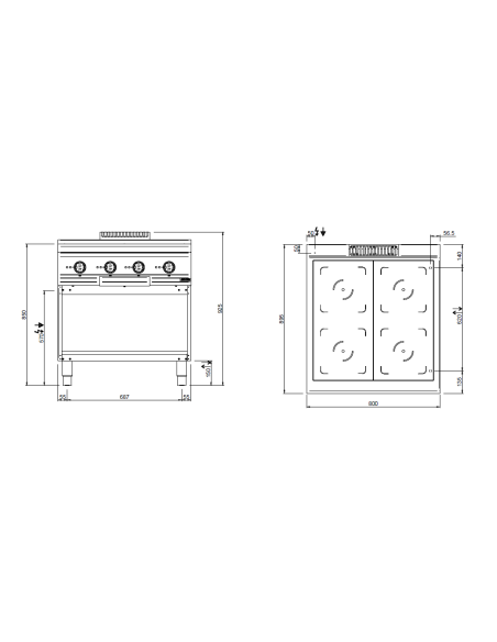 Placa de inducción profesional con 4 inductores - Energía 4 x kW 5 - cm 80 x 90 x 85 h