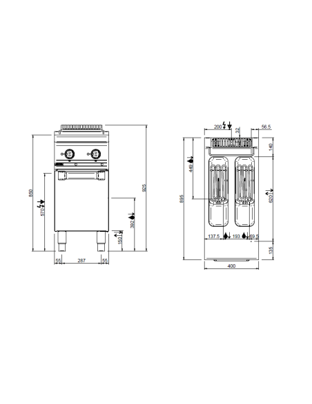 Professional electric deep fryer with 2 tanks liters 8 + 8 - Cm 40 x 90 x 85 h