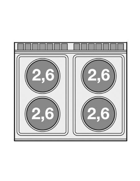Cocina eléctrica profesional con 4 placas redondas - Energía kW 2.6 (x4) - Horno eléctrico ventilado - cm 80 x 70.5 x 90 h