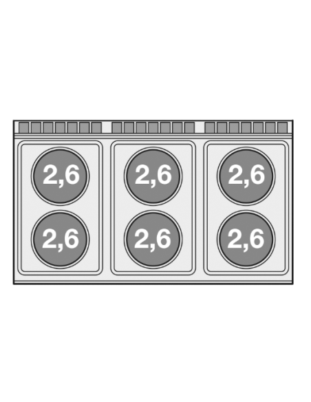Electric ptofessional stove with 6 round plates - Power kW 2.6 (x6) - Static electric oven - cm 120 x 70.5 x 90 h