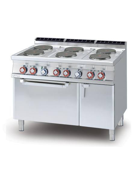 Cucina professionale elettrica con 6 piastre tonde - Potenza kW 2.6 (x6) - Forno elettrico ventilato - cm 120 x 70,5 x 90 h