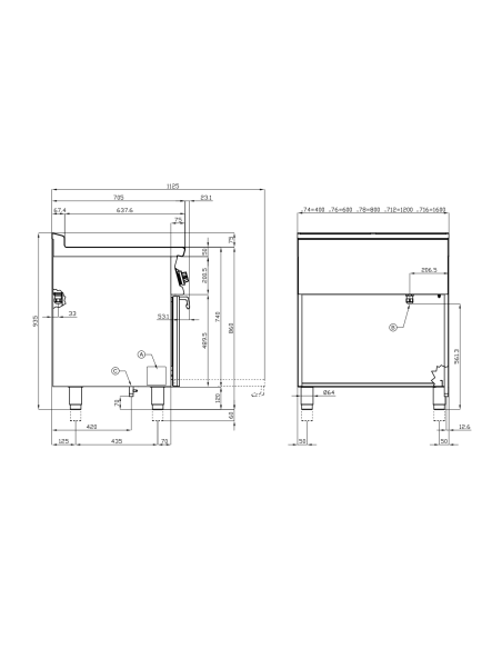 Cocina profesional de gas con 4 quemadores - Horno ventilado eléctrico - Dimensiones cm 80 x 70,5 x 90 h