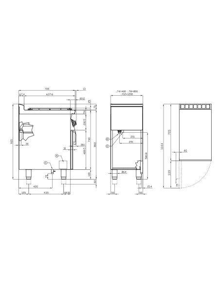 Cocina de gas profesional con 6 quemadores - Compartimento abierto - cm 120 x 70,5 x 90 h