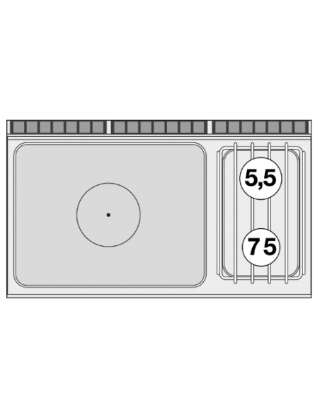 Cucina professionale a gas - Tuttapiastra 2 fuochi e forno gas statico - Cm 120 x 70,5 x 90 h