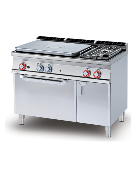 Cocina de gas profesional - Placa con 2 quemadores y horno eléctrico con puerta de cristal - cm 120 x 70,5 x 90 h