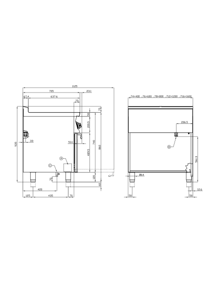 Cucina professionale a gas - Tuttapiastra con 4 Fuochi e forno elettrico statico - cm 120 x 70,5 x 90 h