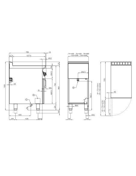 Cucina professionale a gas - Tuttapiastra con 2 fuochi e vano aperto - cm 80 x 70,5 x 90 h