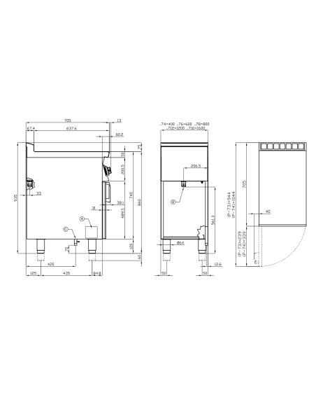 Cucina professionale a gas - Tuttapiastra con 2 fuochi e vano aperto - cm 120 x 70,5 x 90 h