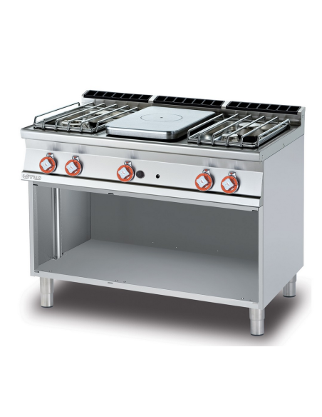 Cocina de gas profesional - Placa con 4 quemadores y compartimento abierto - Cm 120 x 70,5 x 90 h