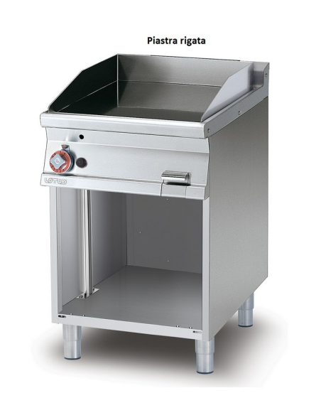 Fry top de gas profesional con placa de acero acanalada y compartimento abierto - cm 60 x 70,5 x 90 h