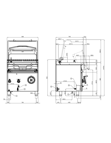 Professional gas griddle - Manual tilting - 50-liter pan - cm 80 x 70.5 x 90 h