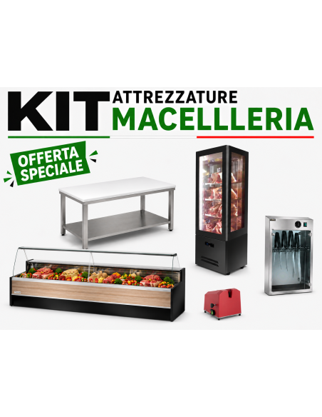 Kit Completo Macelleria con Banco Alimentare, Vetrina Frollatura e Affilacoltelli