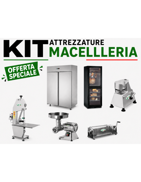 Kit Completo Macelleria con Armadio Frigorifero, Tritacarne, Segaossa e Armadio Salumi