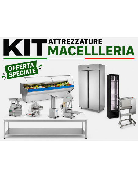 Kit Completo Macelleria con Tritacarne 600 kg/h, Banco Alimentare e Armadio Frigorifero 1400 Lt