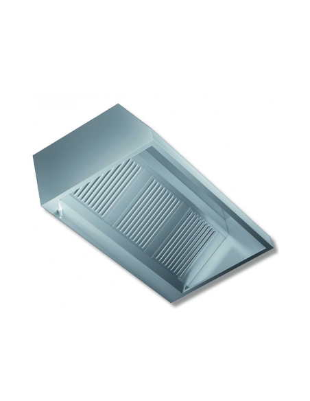 Frigo 400 L, horno 5 GN2/3 con base, cocina 4 fuegos, plancha y freidora 8+8 L a gas, mesa 210 cm, campana con motor 200 cm