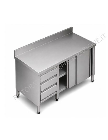 Cupboard table AISI 304 - Depth 60 - Alzatina - N.3 drawers