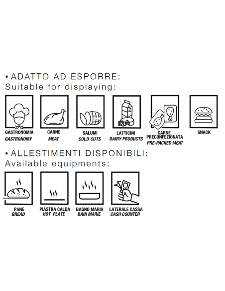 Mostrador de alimentos refrigerados para embutidos, quesos y productos gastronómicos - Planta exposición cm 90 - Longitud cm 104
