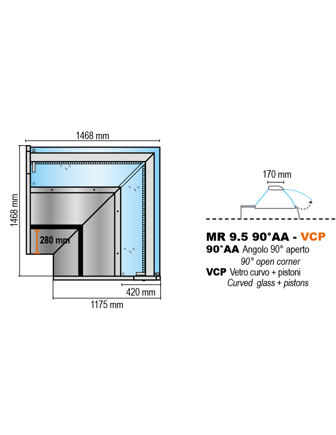 90° -open corner unit for counter with curved glass and pistons