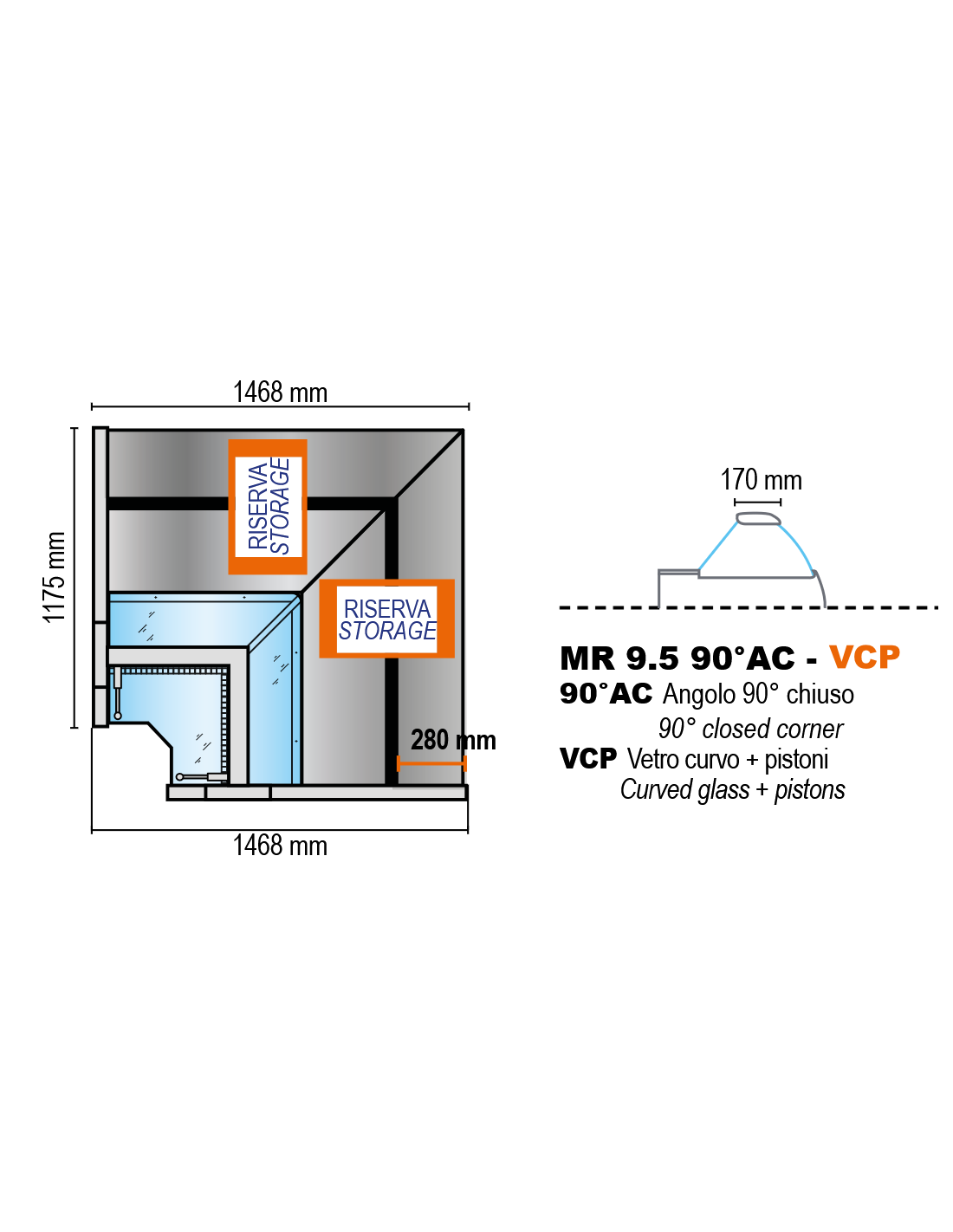 90° -degree corner unit for countertop with curved glass and pistons