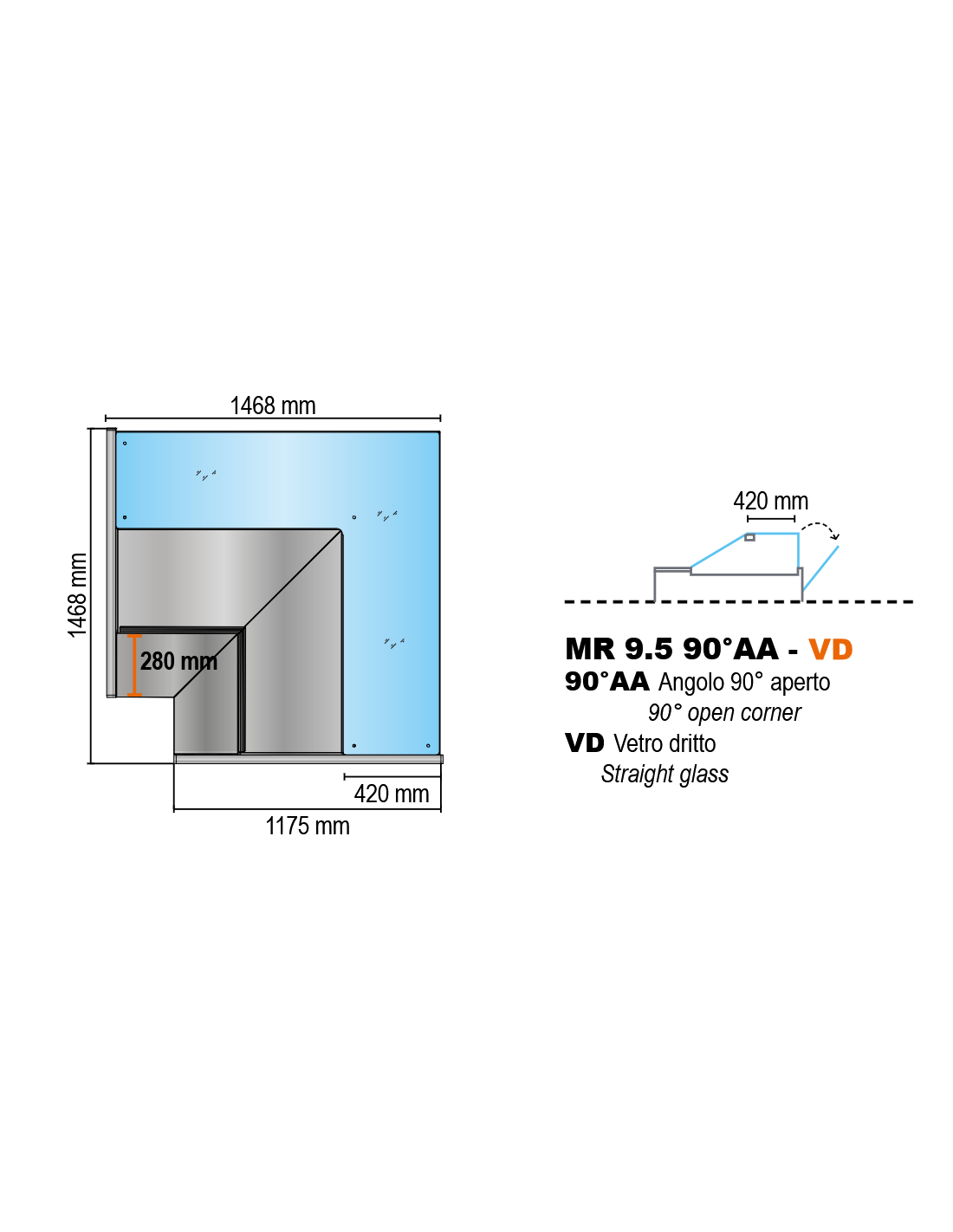 90° -open corner unit for counter with straight glass