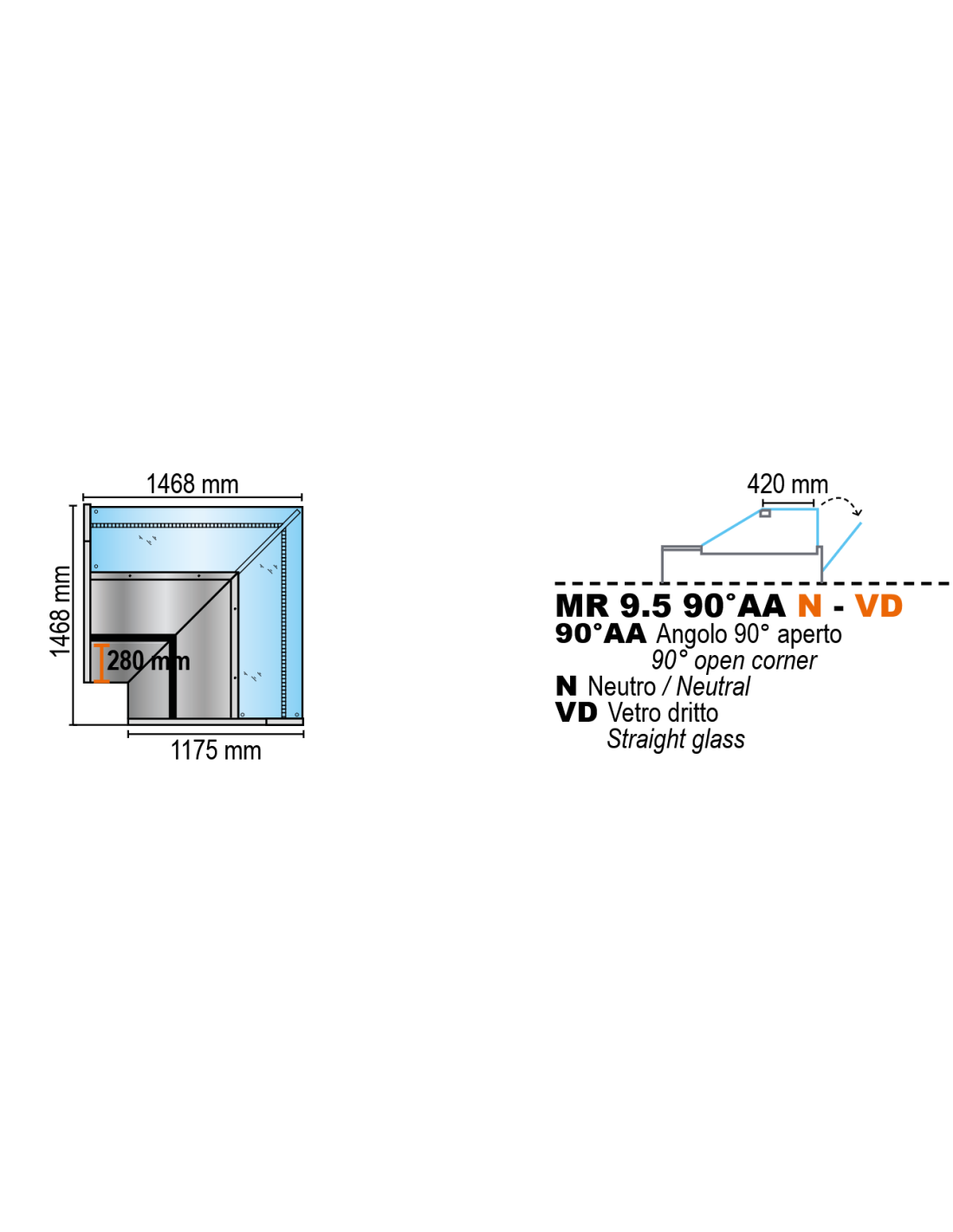 Angolo a 90° aperto per banco Neutro con vetro dritto