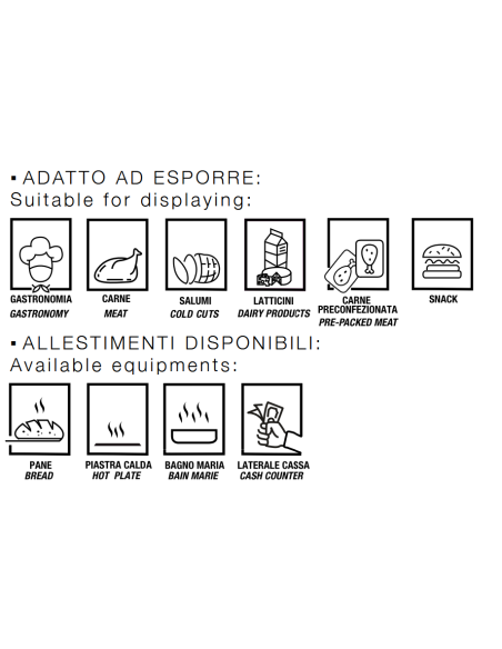 Mostrador alimentario Neutro para embutidos, quesos y productos gastronómicos - Superficie exposición cm 90 - Longitud cm: 104