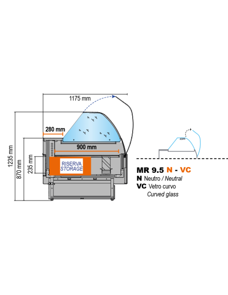 Mostrador alimentario Neutro para embutidos, quesos y productos de charcutería - Superficie exposición cm 90 - Longitud cm 133