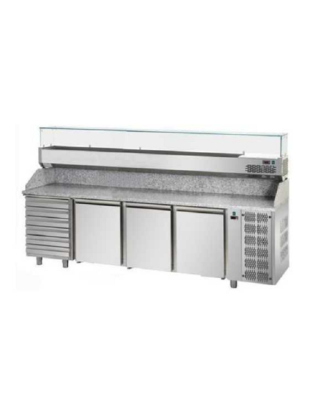 Tavolo refrigerato pizza 3 porte 6 cassetti, piano granito e vetrina 13 vaschette GN 1/4 - cm 271 x 80 x 148,7/155,7 h