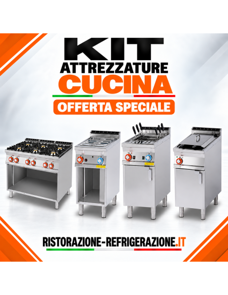 Baño María 40 cm, Freidora 18L, Cuecepastas 40L, Cocina de Gas 6 Fuegos