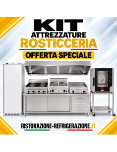 400 L fridge, 5 GN2/3 oven with stand, 4-burner range,...
