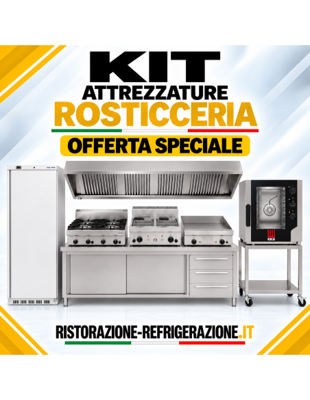 400 L fridge, 5 GN2/3 oven with stand, 4-burner range, gas griddle and 8+8 L fryer, table 210 cm, powered hood 200 cm