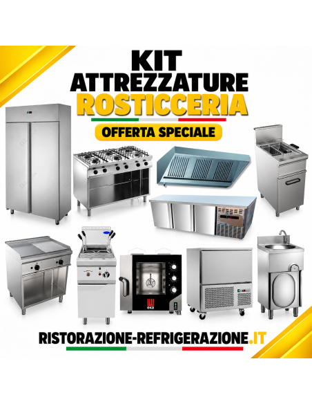 Frigo 1400 L, plancha, freidora 8+8 L, lavamanos, 6 fuegos, horno, abatidor, campana 200 cm, mesa fría 178 cm, cuecepastas 24 L
