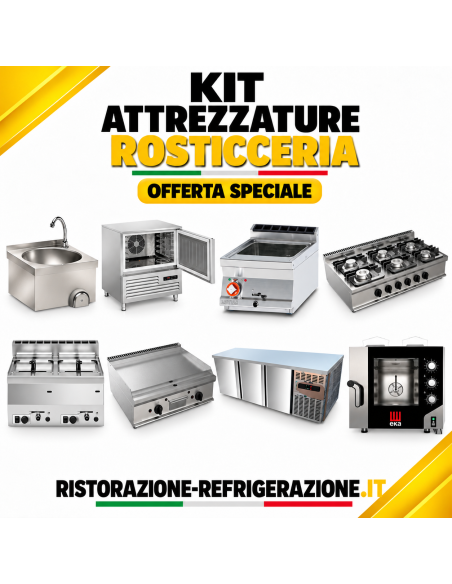 Gas pasta cooker 13 L with baskets, griddle, 6 gas burners, blast chiller, sink, gas oven, fridge table 178 cm, gas fryer 8+8 L