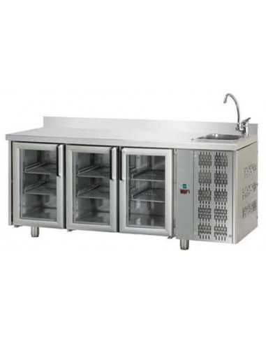 Mesa refrigerada con panel frontal y fregadero,...