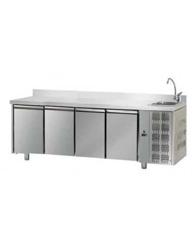 Mesa refrigerada con panel frontal y fregadero,...