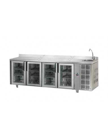 Tavolo refrigerato - Lavello - Alzatina - N. 4 Porte vetro - cm 232 x 70 x 115/120 h