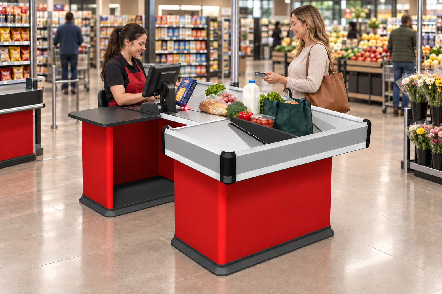 Checkout counter with a cashier and customer in a supermarket