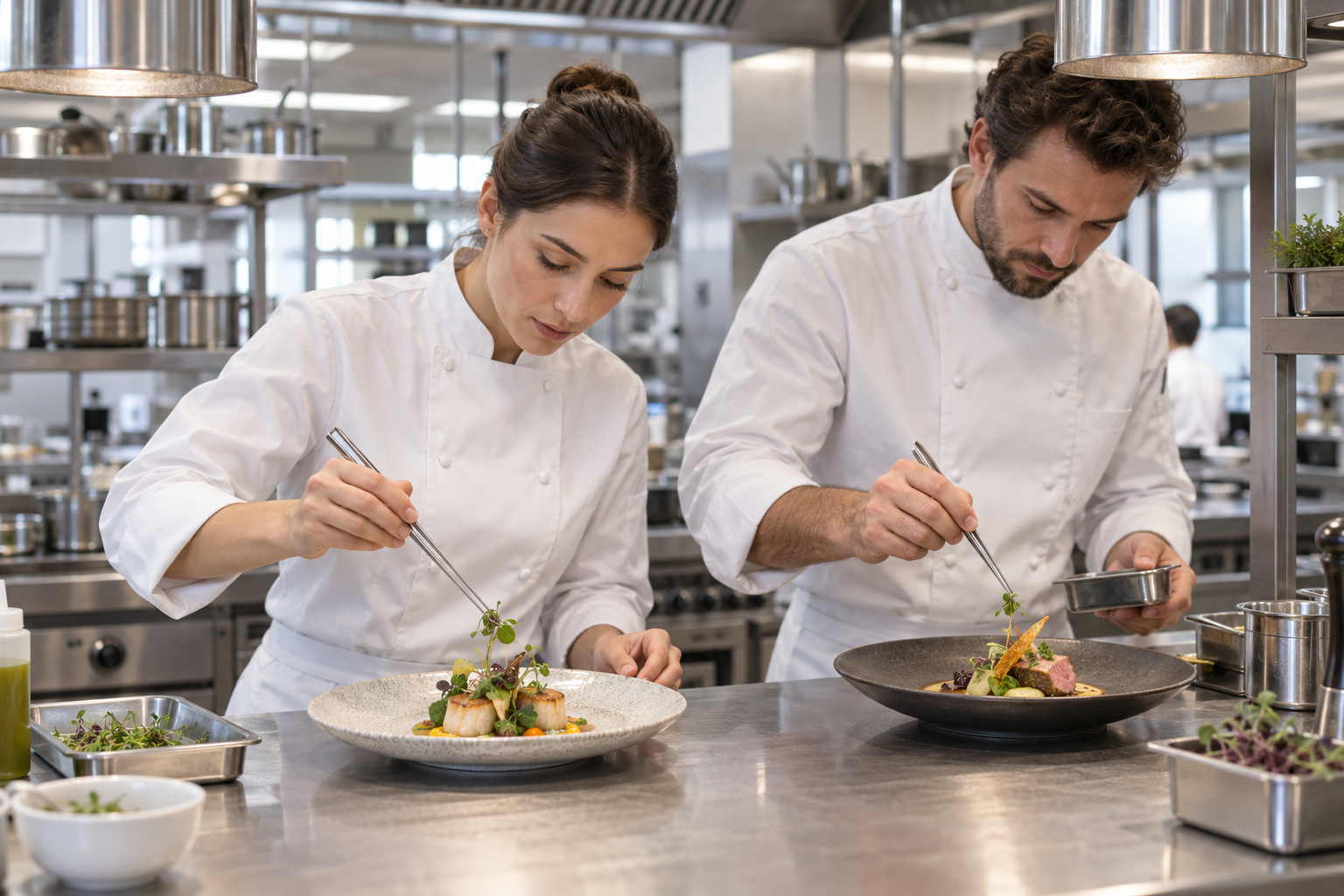 Two chefs plating dishes in a professional kitchen
