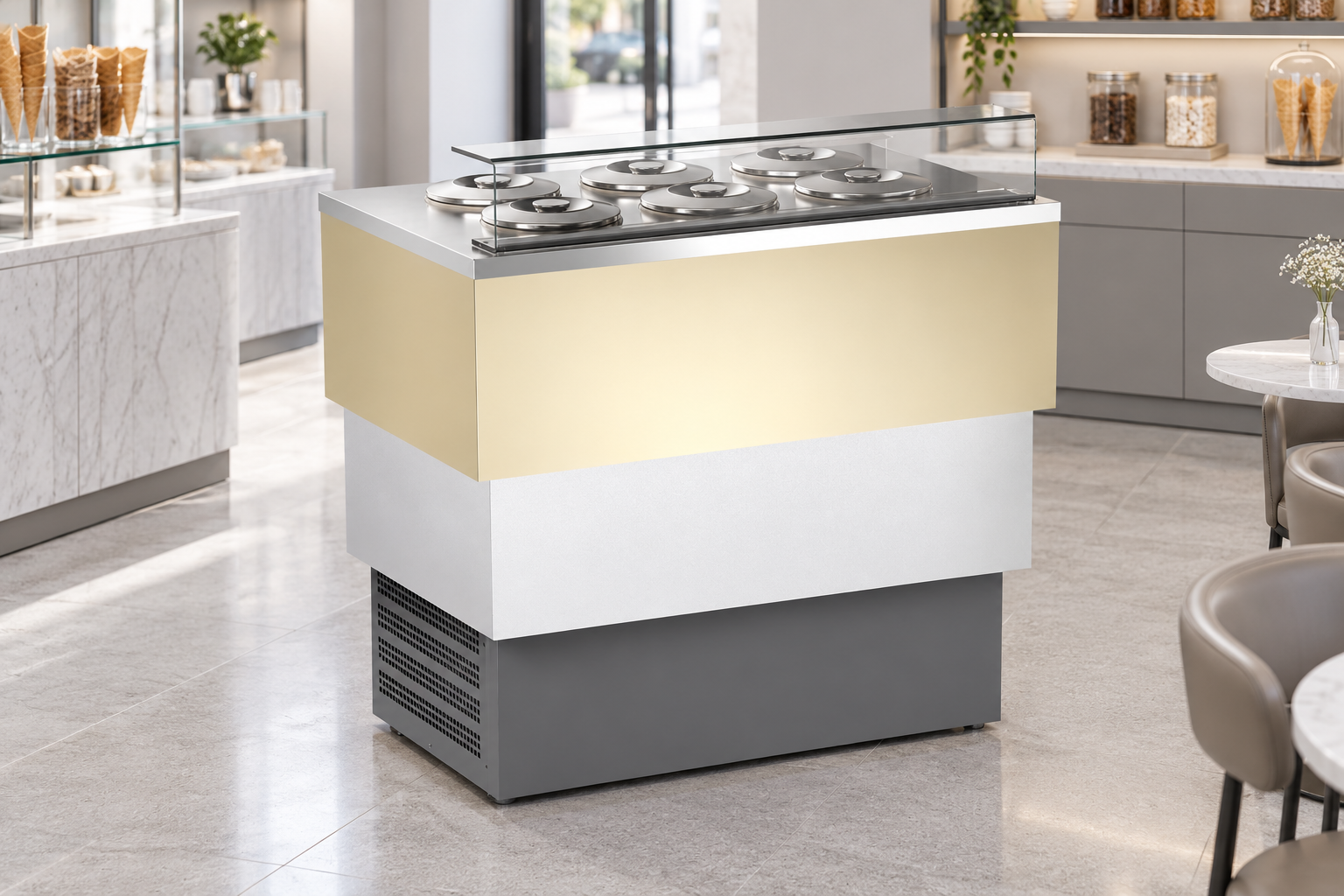 Pozzetti ice cream counter with lidded tubs in an ice cream shop