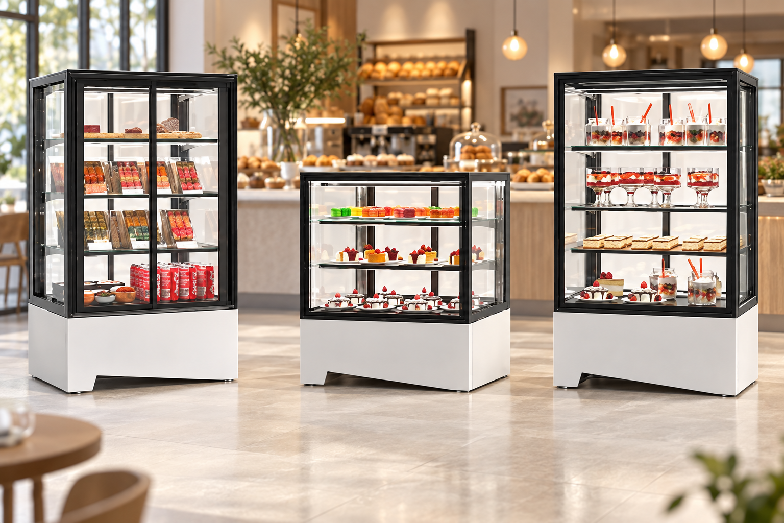 Display cabinets with desserts and pastries