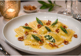 Ricotta and Spinach Ravioli with Butter, Sage and Toasted Walnuts